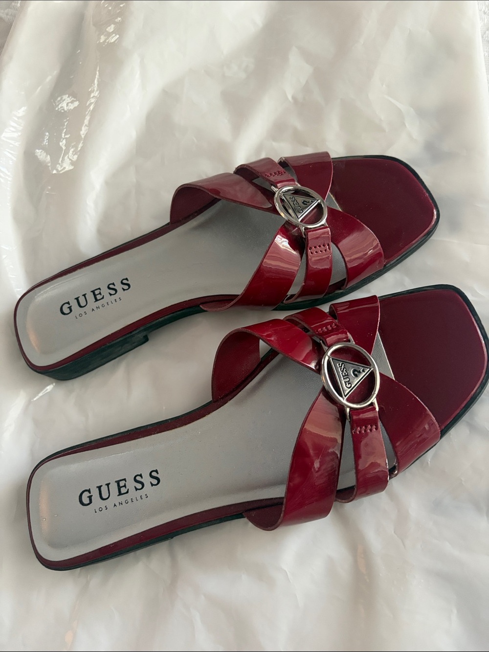 Guess Women's Burgundy Patent Slide Mules with Logo Accent